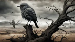 in the foreground of the picture, a sad bird with human face siting on a dry tree in a surreal, dead landscape, cracked earth, died vegetation, spiky tendrils, gray sky, intricate details, dark colors, detalied, dark fantasy, dramatic surreal style