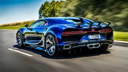 A sleek (((bugatti hyper super chiron 16.4))),, cutting through a (((clear bright blue morning sky))) rear view