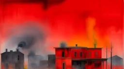 A red old Western town engulfed in smoke painted by Mark Rothko