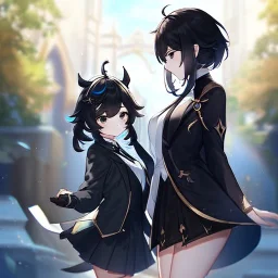 Clear focus, High resolution, short black hair, white and black hair, 2 hair colors, black eyes, wearing a black jacket and a white shirt, wearing a black skirt, 1girl, Genshin impact, long locks, long eyelashes, black tie