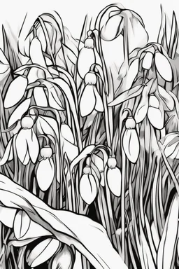 outline art of Snowdrops only black and white, no colour , White background. sketch style, clean line art, white background, no shadow and clear, no people, no colour, for book