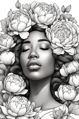 young Black woman, coloring page of big beautiful bouquet of peonies all around her face, her eyes are closed and dreaming peacefully, only her face shows, her face fully covered by the bouquet of peonies, use black outline with a white background, clear outline, no shadows, some colors
