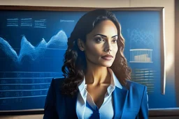 A pretty brown-haired, light-skinned woman in an elegant blue suit stands in a classroom in front of a blackboard with various charts and diagrams, in the sunlight