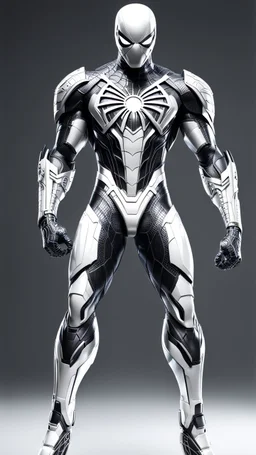 Arte lineal Spiderman cyborg de pie, full body calidad ultra, hiperdetallado, maximalista, color blanco, increíble obra de arte piernas completas pies completos