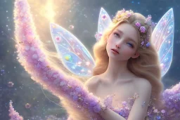 one very little beautiful fairy on a big crystal subtle flower in a galactic ambiance, transparent petals, delicate colors, in the foreground, full of details, smooth, bright sunshine，soft light atmosphere, light effect，vaporwave colorful, concept art, smooth, extremely sharp detail, finely tuned detail, ultra high definition, 8 k, unreal engine 5, ultra sharp focus