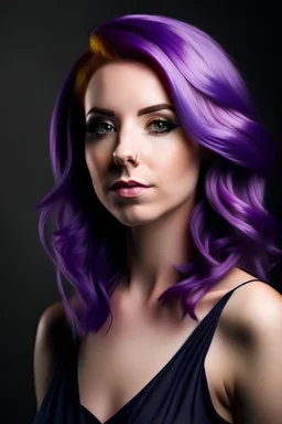 A hot debater woman with purple hair and purple dress and purple eyes