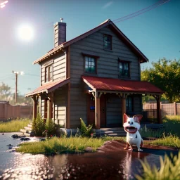 Cartoon pet with a smiley looking at a small house|mdjrny-v4 style| wide angle| intricate detailed| hyperrealistic| cinematic lighting| cinematic colors|hdr | unreal engine