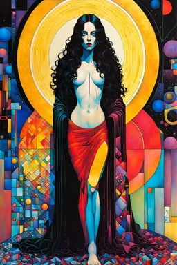 Create chaotic abstract cubist full body religious triptych depicting a Gothpunk Mary Magdalene , with highly detailed facial features, in the style of Bill Sienkiewicz, Philippe Druillet, Gustav Klimt, and Jean Giraud Moebius, precisely drawn, colored and inked