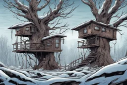 winter tree house , overgrown apocalyptic background, comic book,