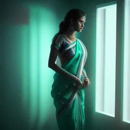 full body photo of a girl in saree in dark room with neon light ,hyperrealistic,detailed,8k,cinematic