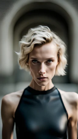 beautiful anorexic woman, total shot, short shiny black triathlon swimsuit, short blond wavy bob hair, blurred concrete background