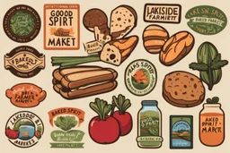 Stickers for a lakeside farmers' market "Good Spirit Market" in a national parks sticker style, featuring illustrations of baked goods and fresh produce