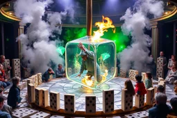 ai magic show on marble labyrinth merrygoround presentation wow effect smoke bunnies awesome awesome gaffa tape dwarf magician with scary hat on awake within a dream inside a circular saw blade Alice in wonderland and cards with crosses and bunny inside a big transparent dice with fire tornado splashing in it all contained within a circle of dominoes that has only green starry color on its background outside and the weirdest screaming audience