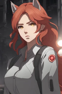 Woman with light red hair, horse ears, light brown eyes, mining clothes, sad, forlorn, industrial background, RWBY animation style