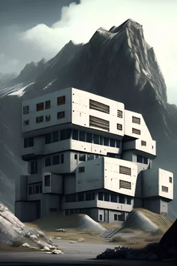Settlement made up by sturdy, small prefabricated modern box buildings some multi storey, surrounded by concrete fortification, close to a metallic mountain range