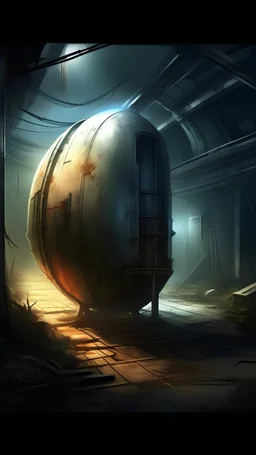 in the back lot of a warehouse, sci fi big stasis capsule for a human, unique, oblong, fantasy art, painting