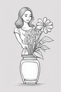 outline art for cute flower in vase woman holding coloring pages with which, White background. sketch style, clean line art, white background, no shadow and clear