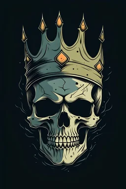 A skull face looking ahead with determination and on his head a crown, sinister, minimalist, two colors