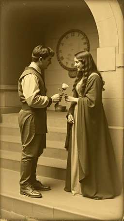 An old picture style of black and white mono very bad quality looks very old camera picture of Romeo is giving a rose to Juliet year 1900