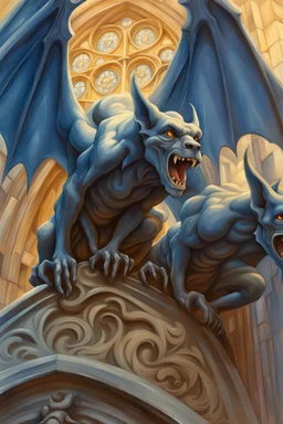 Gargoyles Promt: Art Nouveau Gothic Hyper realistic intricate oil paint detailed pencil sketched Notre Dame gargoyles in the style of Escher, a resin painter