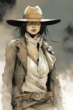 Mikasa Ackermann as a gunslinger. A soft-focus image of the golden sunrise casting a warm glow, create in inkwash and watercolor, in the comic book art style of Mike Mignola, Bill Sienkiewicz and Jean Giraud Moebius, highly detailed, gritty textures,