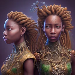 photo.three Brown skin women. Three dark skin women. Three black women. .three women. A mother. Two daughter. Twins. A mother with her children. three young black women. wood nymphs emerging from the forest. Her hair looks like vines. Dreadlocs. Her skin is the colour of dark soil. Her skin looks like tree bark. Her clothing is made of vines, grass and leaves. Elegant. Extremely detailed. Award winning photography. Fantasy. 8k. Cinematic lighting. Photorealistic. Dynamic lighting. Imperial color