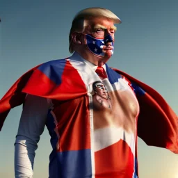 realistic image of donald trump as a mexican wrestling fighter posing outdoors, Mexican eyes wrestling mask, red and blue breeches, confederate flag cape, retro style, 80s, vibrant color, highly detailed, sky background, concept art, unreal engine 5, god rays, ray tracing, RTX, lumen lighting, ultra detail, volumetric lighting, 3d, finely drawn, high definition, high resolution.