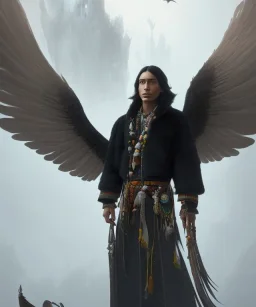 shaman, male native american, long black hair, black hooded coat like wings, 8k resolution concept art portrait by Greg Rutkowski