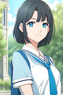 Young woman black hair, bob haircut, vivid sapphire blue eyes, light blue schoolgirl uniform, smirking, grinning, college background, RWBY animation style