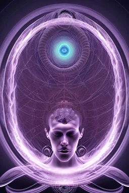 Spiritual being with Tentacles over human Head creating reality around, wrapping Spiral around Human, Psychedelic