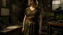 A young woman, light brown hair, mid-20s, except for a dark, muted olive-green, patterned skirt, stands in a cluttered artist's studio. She's positioned in a contemplative pose, slightly turned, gazing downward, and holding her skirt. The lighting is subdued, focused on the figure, creating shadows and emphasizing texture. The room is crowded with numerous framed paintings, mirrors reflecting the studio and its surroundings, and various paraphernalia suggesting an artist's workspace. T