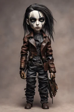 full color, illustration of a dark menacing leather clad motorcycle girl, tall and willowy , as a decayed, broken, crude homemade cloth doll toy, with a cracked porcelain face, thick dark eyebrows, hair made from ragged strips of cloth, in the style of Nadya Sheremet