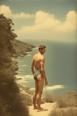 [vintage swimsuit man] Who was I? Where was I?… The landscape was totally unknown to me, even my body was unfamiliar. What forces brought me here? I searched my mind for memories… There was something there, but it was too clouded… A name… I scanned the horizon. A distant structure rose out of the mists. As evening approached I came upon an enigmatic oasis with a fountain.