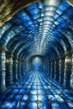 A blue cavern with checkered tunnels designed in Heidrun manuscripts painted by Alejandro Xul Solar