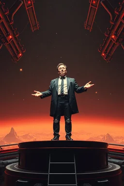 Elon Musk as goth on spaceship podium in the style of Giger and Escher