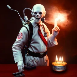 smoke bust of the ghost of a ghostbuster busted for smoking, ancient, magic,on dark wooden table with drinking glass,compass,brilliance, candle, dark figure in background, movie poster