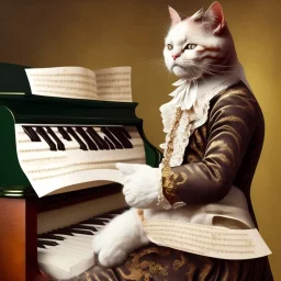 A cat that looks like Wolfgang Amadeus Mozart is playing Piano. Background Music notes are dancing. Immpressionism