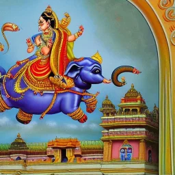 krishna riding a flying elephant over vidhana soudha