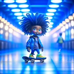 cute happy hairychinese futuristic afro punk chat robot with skateboard photo shoot in big train hall, 8k, downlight, soft light, depth of field, photo realism, trending on art station, high detail, smoke and fog