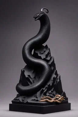 an ominous small statuette made of ebony in the form of a mountain with the snake slithering around the mountain