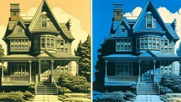 Two modern houses, one stuccoed in blue and the other in black, with a triangular roof, one window on each house, lawn and trees around, blue sky with clouds, a woman is standing between the two houses, Aquatint, Azulejo, Bruce Pennington