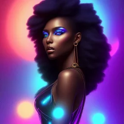 full body shot, masterpiece, best quality, black skinned, sparkling eyes, long hair, gourges Goddess of Africa,fluorescent skin,blue-dark makeup,synthwave, indigo, highly detailed body, sun light, 4K, RAW, depth of field, high contrast, realistic details, 24mm