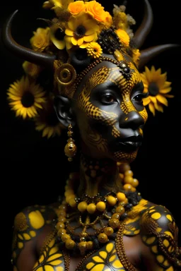 Beautiful humanoid l Giraffe witch black and sienna brown, Sun yellow floral and gold front wiev textured detailes skin,and fur portrait, wearing rococo style black floral ornate headdress adorned with white Golden dust beads, gold dust pearls organic bio spinal ribbed detail of african floral, sunligjt african background extremely detailed, athmoshpheric, hyperrealistic maximálist concept art