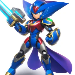 A sleek robotic warrior blending MegaMan Zero. The design features Zero's RED color scheme, with gold accents on shoulders, chest, and gauntlets, plus white highlights on the limbs. The aerodynamic body combines Neo Metal Sonic's sharp, angular edges with Zero's humanoid proportions. A glowing green plasma saber is held in one hand, while an energy cannon adorns the other. The helmet merges Zero’s crest and gem centerpiece with Neo Metal Sonic's spiked crown.