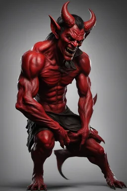 Realistic devil leaning forward at an angle facing left, posed as if over a shoulder, red skin, horror style, no other person.