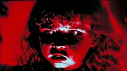 The Exorcist is a 1973 American supernatural horror film. The demonic possession by Pazuzu demon of a young girl (Linda Blair).Alchemist , high voltage, thunder light, closeup, proactive scene, provocative moving, action pose, modern and futuristic HD colored black and red decor of black Pazuzu demon in a high voltage,light saber action, double exposure, halo, perfect composition, highly detailed, ba