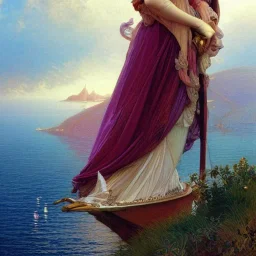 merryl streep sailing, plum, mountain background, fantasy, intricate, elegant, highly detailed, digital painting, artstation, concept art, smooth, sharp focus, illustration, art by gaston bussiere and alphonse mucha