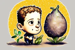 cute chibi mark zuckerberg with a big garlic in sunshine, watercolor and black in outlines, golden glitter, ethereal, cinematic postprocessing, bokeh, dof