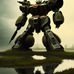 hyperrealistic shot, rusting and moss covered giant gundam, earth color palette, sharp focus, puddle reflection, tire water splash, refraction, rain and lightning on the horizon, shadowcast, detailed and intricate, cinematic composition, tilt shift photography