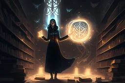 full-height shot of a woman in black holding up small glowing symbols, inside a large magic book shop